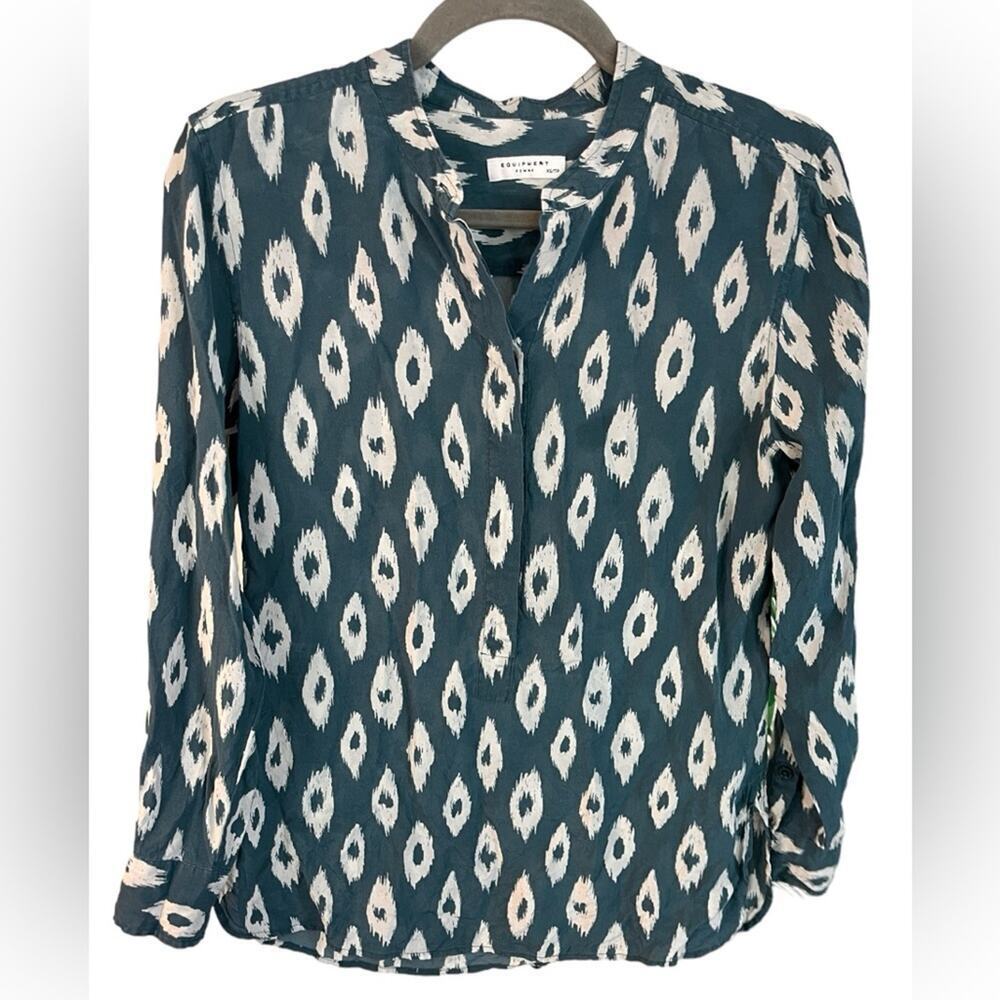Equipment Femme Teal Diamond Print 100% Silk Blouse XS